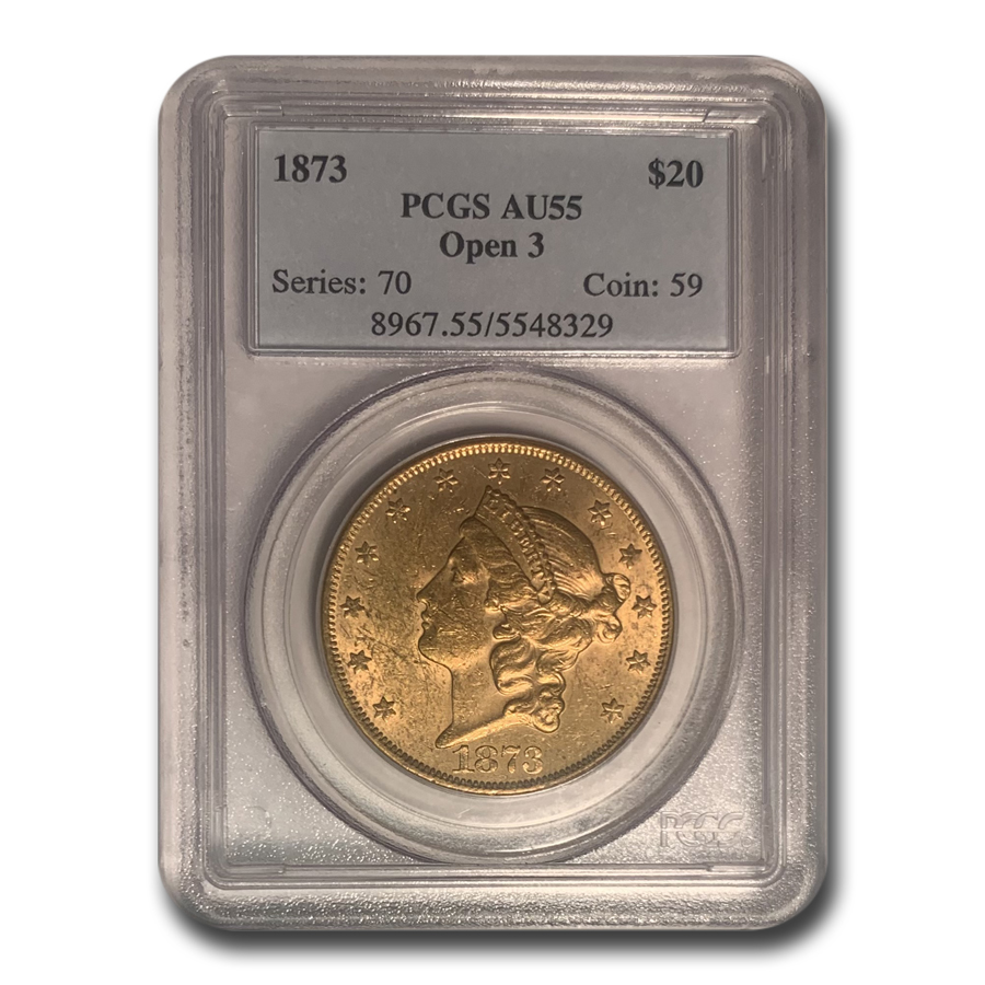 Buy 1873 $20 Liberty Gold Double Eagle Open 3 AU-55 PCGS - Click Image to Close