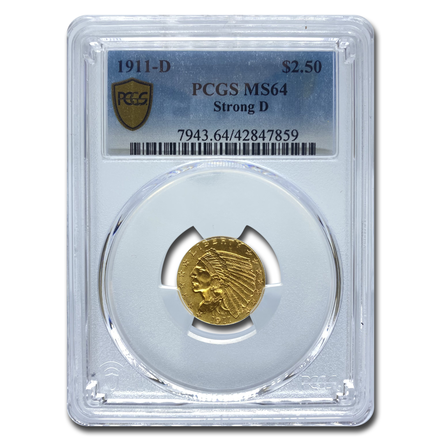 Buy 1911-D $2.50 Indian Gold Quarter Eagle MS-64 PCGS (Strong D) - Click Image to Close