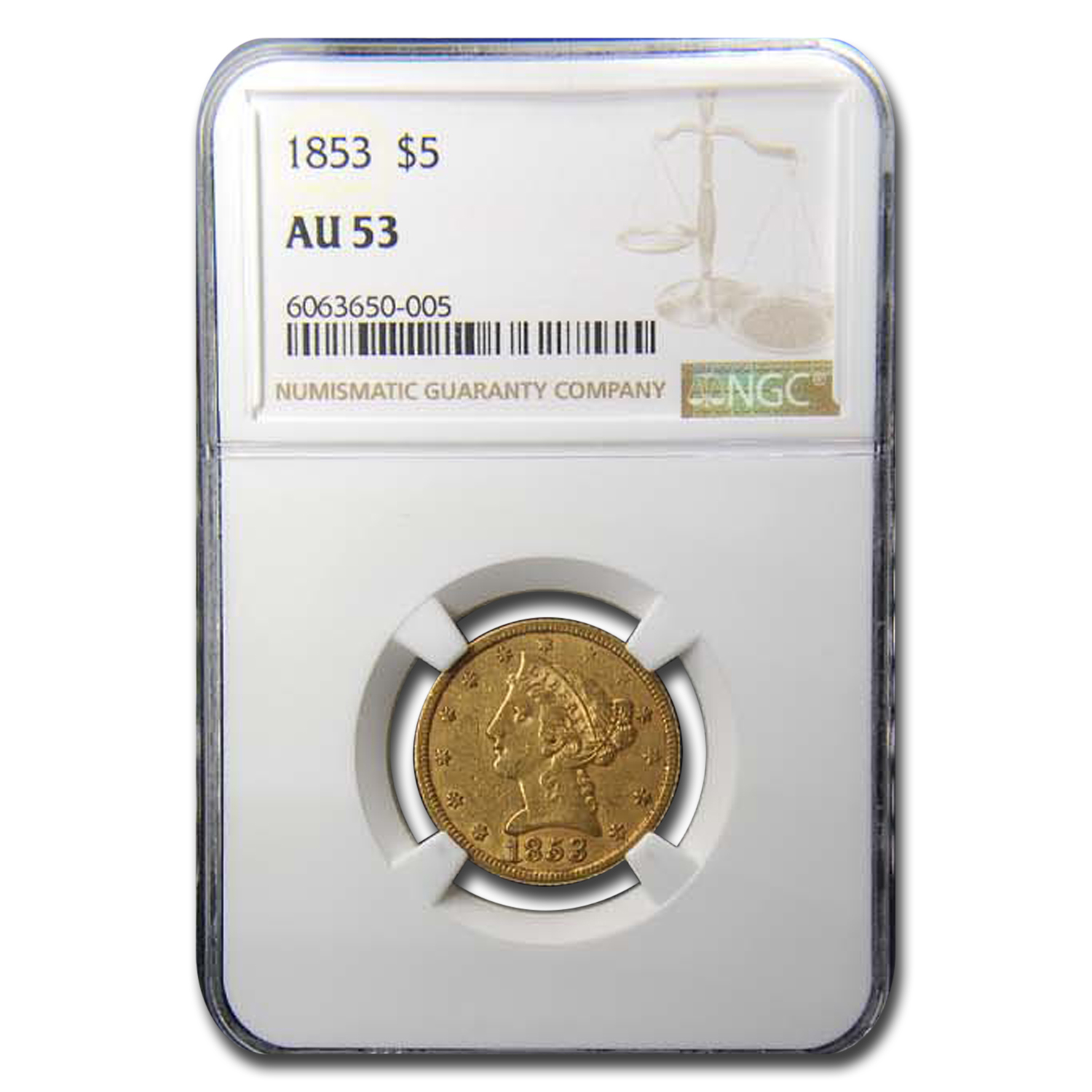 Buy 1853 $5 Liberty Gold Half Eagle AU-53 NGC