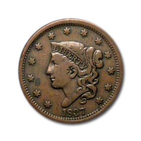 Buy 1837 Large Cent Head of 1838 Beaded Cord VF - Click Image to Close