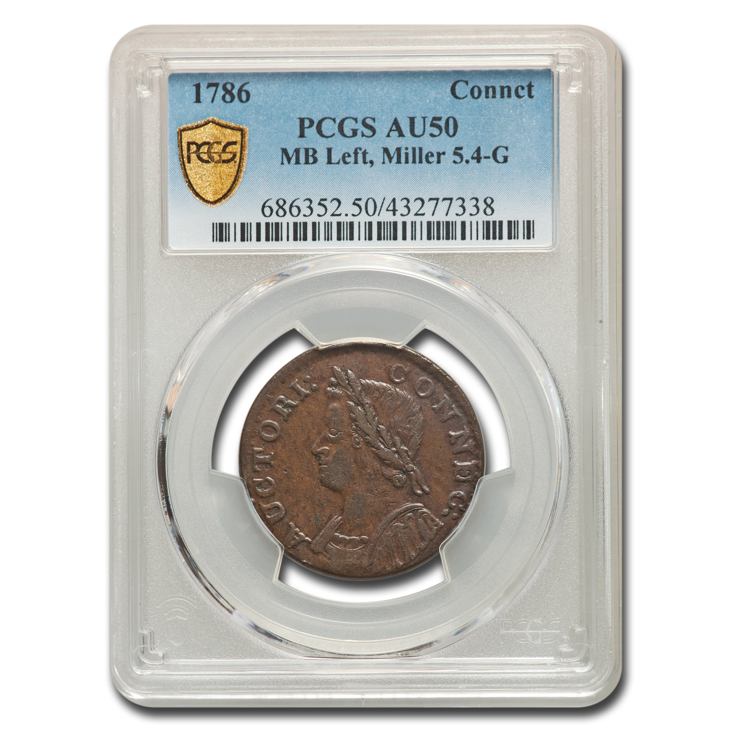 Buy 1786 Connecticut Copper Bust Left AU-50 PCGS (Miller 5.4 G) - Click Image to Close