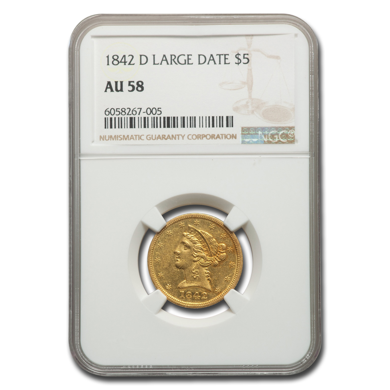 Buy 1842-D $5 Liberty Gold Half Eagle AU-58 NGC (Large Date) - Click Image to Close