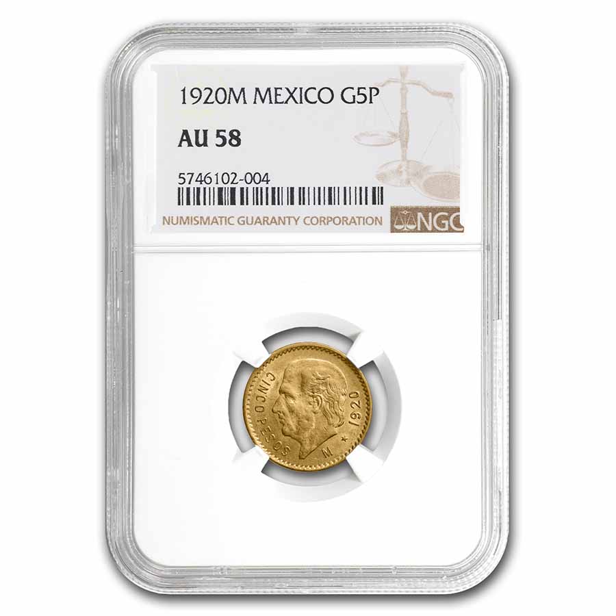 1920-M Mexico Gold 5 Pesos AU-58 NGC