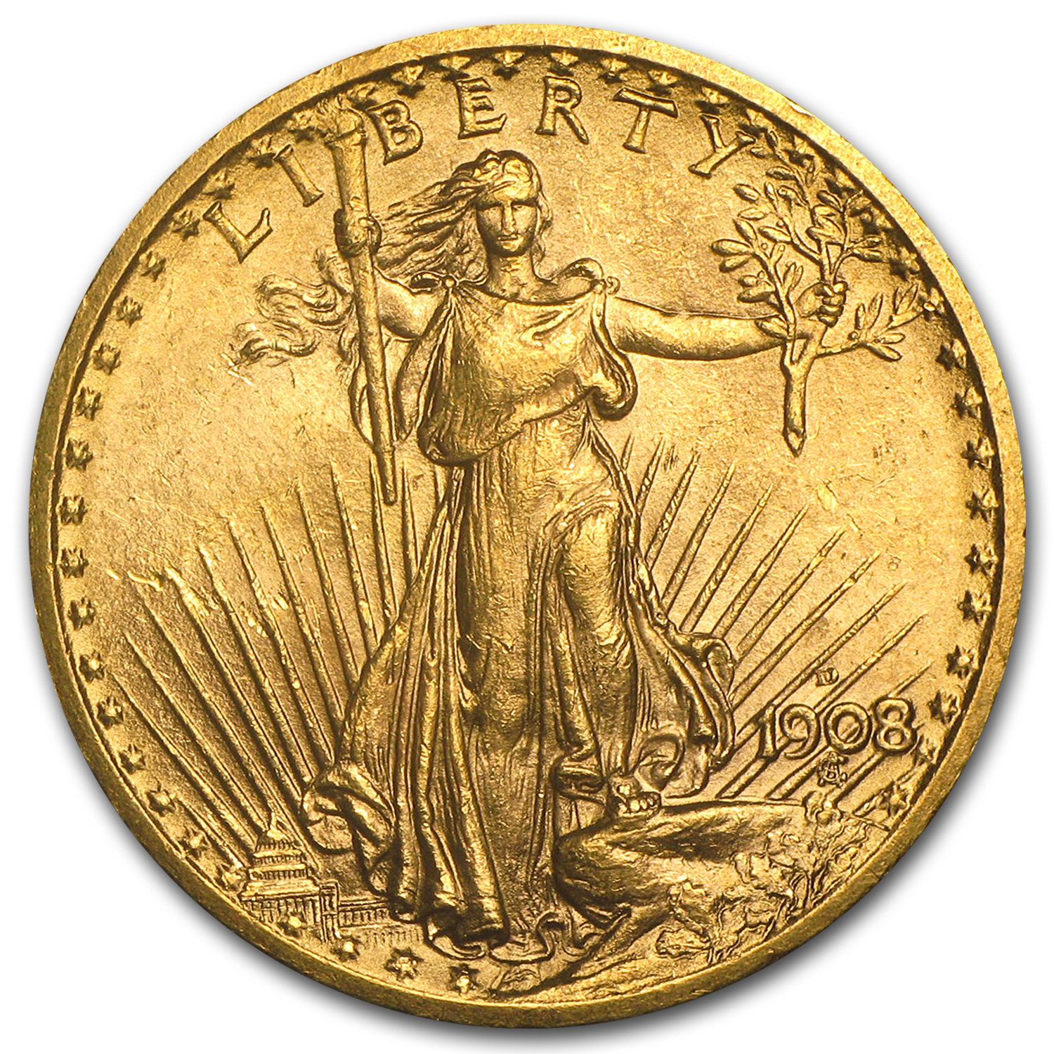 Buy 1908-D $20 Saint-Gaudens Gold Double Eagle No Motto AU - Click Image to Close