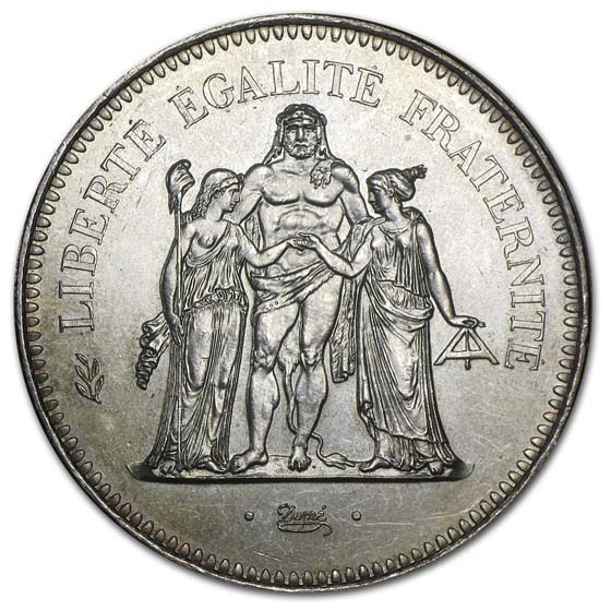 1974-1979 France Silver 50 Francs Hercules AU/BU