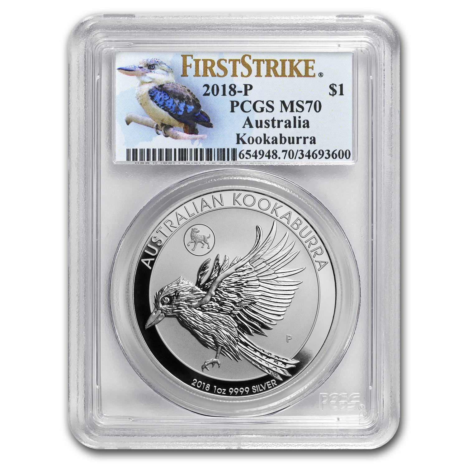 2018 AUS 1 oz Ag Kookaburra Dog Privy MS-70 PCGS (FS, Kook Label)