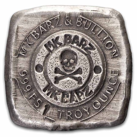 1 oz Hand Poured Silver Square - Skull &amp; Bones Postage Stamp
