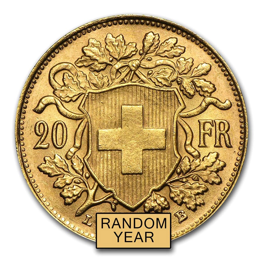 Swiss Gold 20 Francs Helvetia Coin AU (Random Year) Swiss Gold 20 Francs Helvetia Coin AU (Random Year)