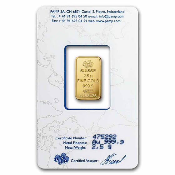 2.5 gram Gold Bar - PAMP Suisse Lady Fortuna (Vintage, In Assay)