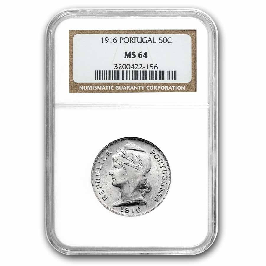 1916 Portugal Silver 50 Centavos MS-64 NGC