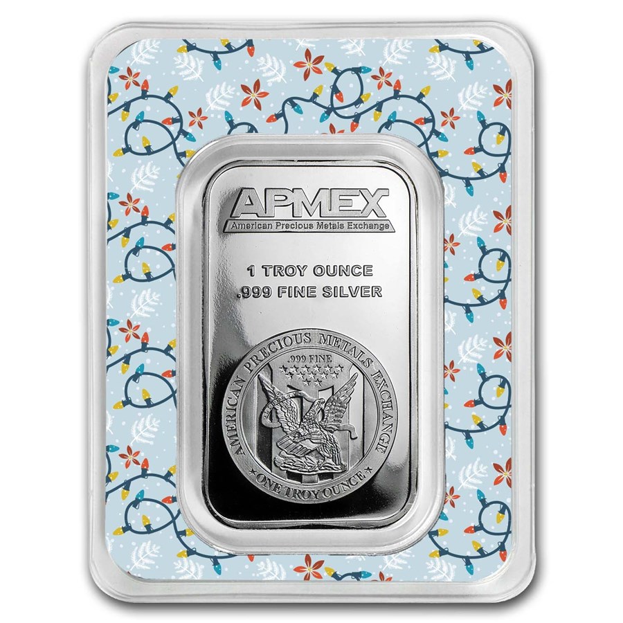 1 oz Silver Bar - APMEX (w/Festive Holiday Lights Card, In TEP) 1 oz Silver Bar - APMEX (w/Festive Holiday Lights Card, In TEP)