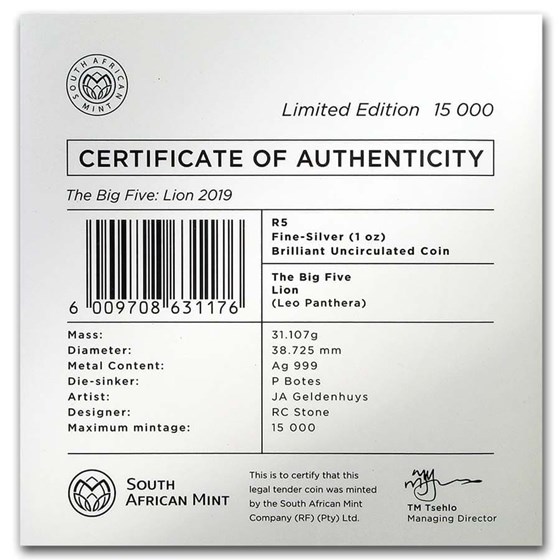 2019 South Africa 1 oz Silver Big Five Lion BU