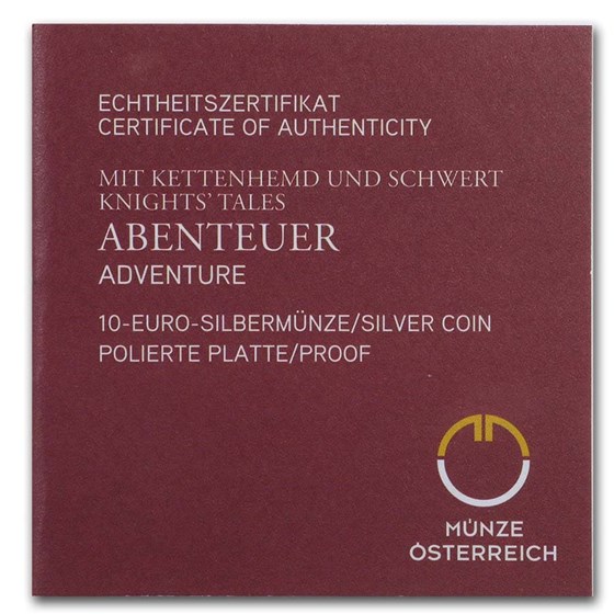 2019 Austria Proof Silver €10 Knights' Tales (Adventure)