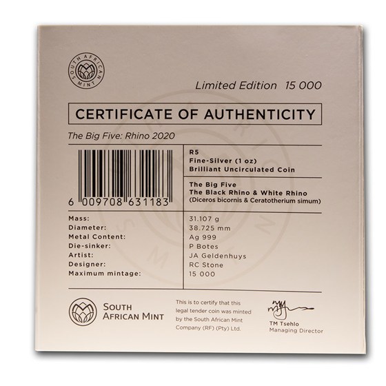 2020 South Africa 1 oz Silver Big Five Rhino BU