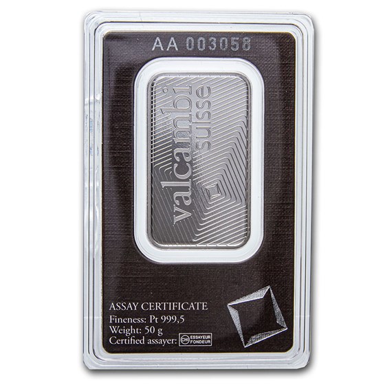 50 gram Platinum Bar - Valcambi (In Assay)