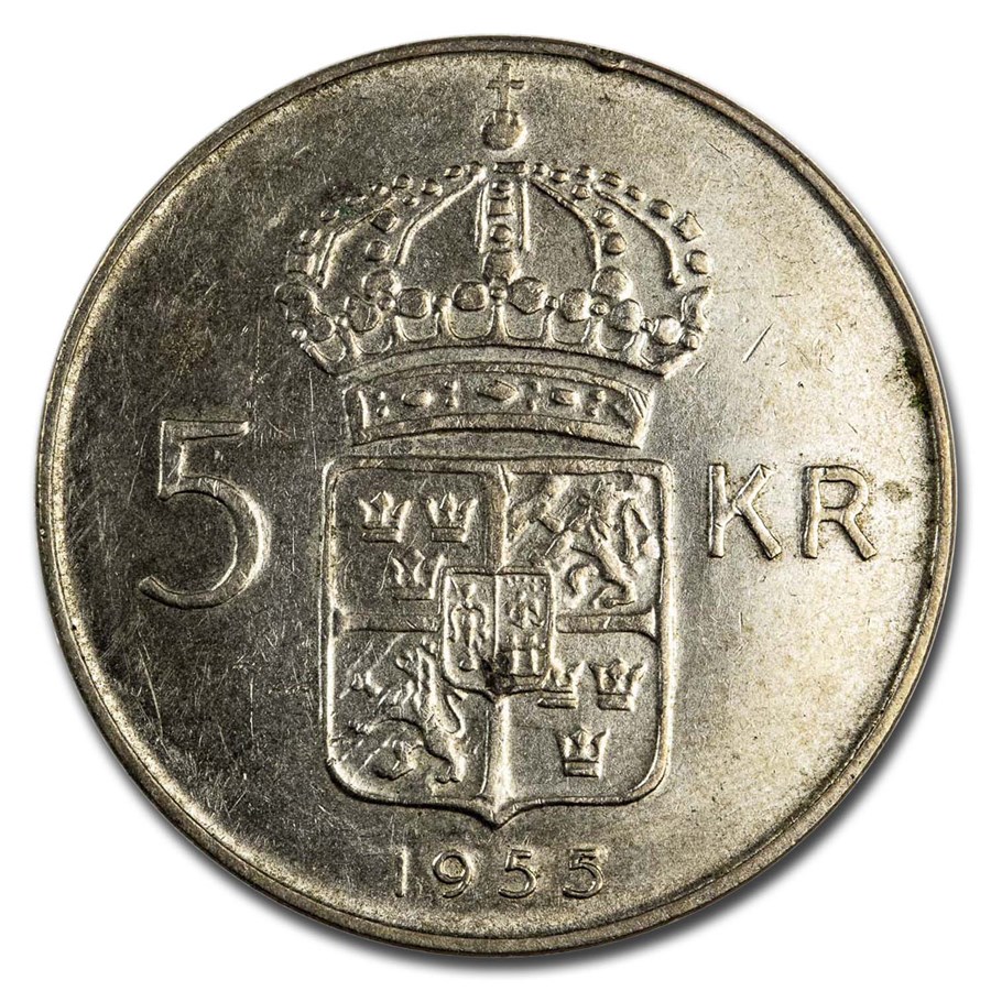 1955 Sweden Silver 5 Kronor TS Gustaf VI AU/BU
