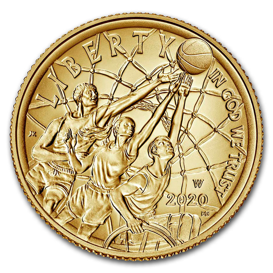 2020-W Gold $5 Basketball Hall of Fame BU (Box & COA)