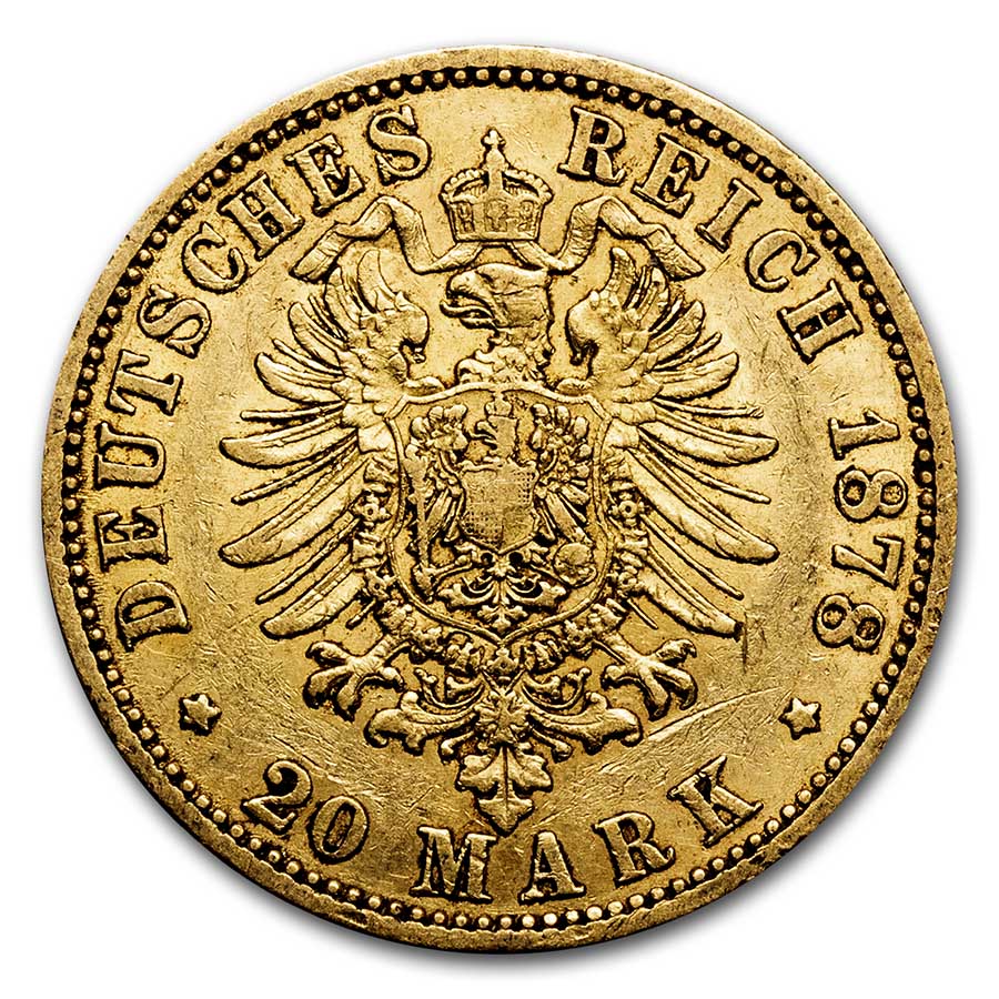 1871-1888 Germany Gold 20 Marks Prussia Wilhelm I Avg Circ
