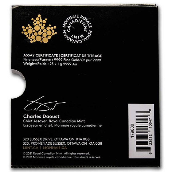 2021 25x 1 gram Gold Maple Leafs Maplegram25™ (In Assay Sleeve)