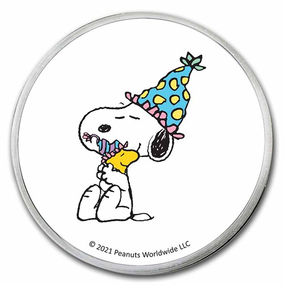 Peanuts® Snoopy &amp; Woodstock Celebrate 1 oz Colorized Silver Round