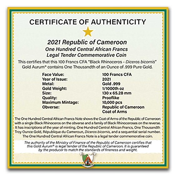 2021 Republic of Cameroon 1/1000 oz Gold Black Rhino Foil Note