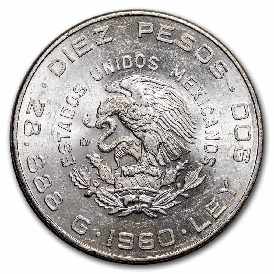 1960 Mexico Silver 10 Pesos 150th Anniversary AU/BU