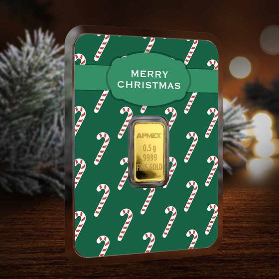 1/2 gram Gold Bar - APMEX (Merry Christmas, Candy Canes In TEP)