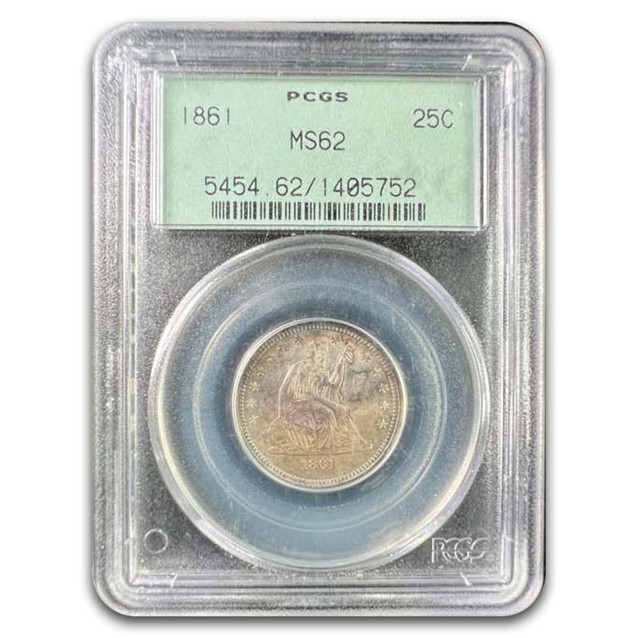 1861 Liberty Seated Quarter MS-62 PCGS