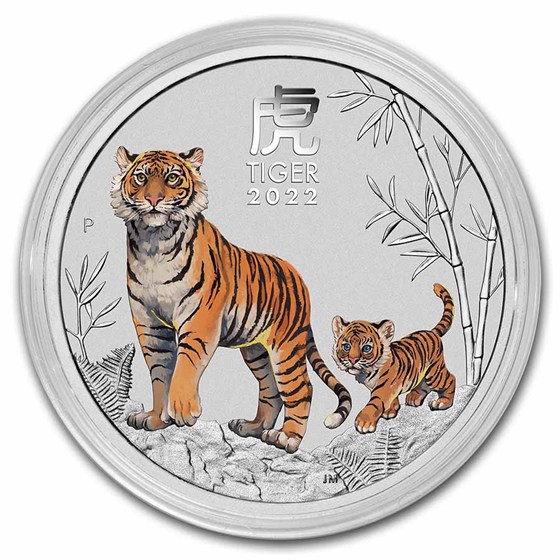 2022 Australia 2 oz Silver Lunar Tiger BU (Colorized, SIII)