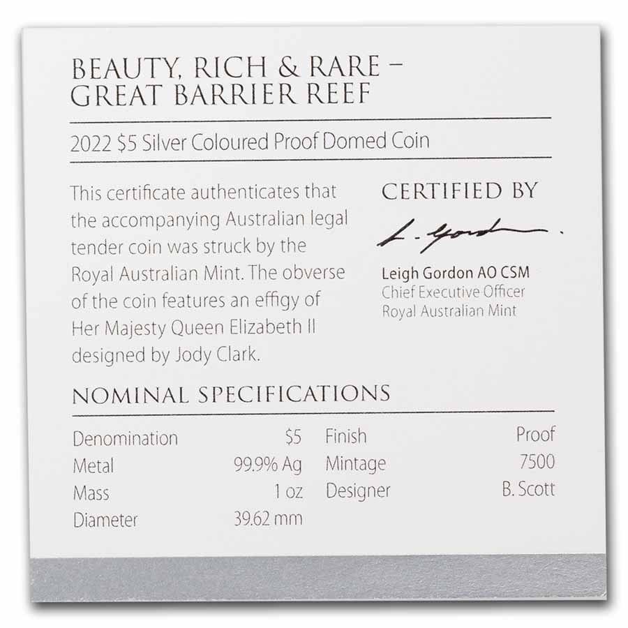 2022 1 oz Silver $5 Domed Great Barrier Reef Proof (w/Box & COA)