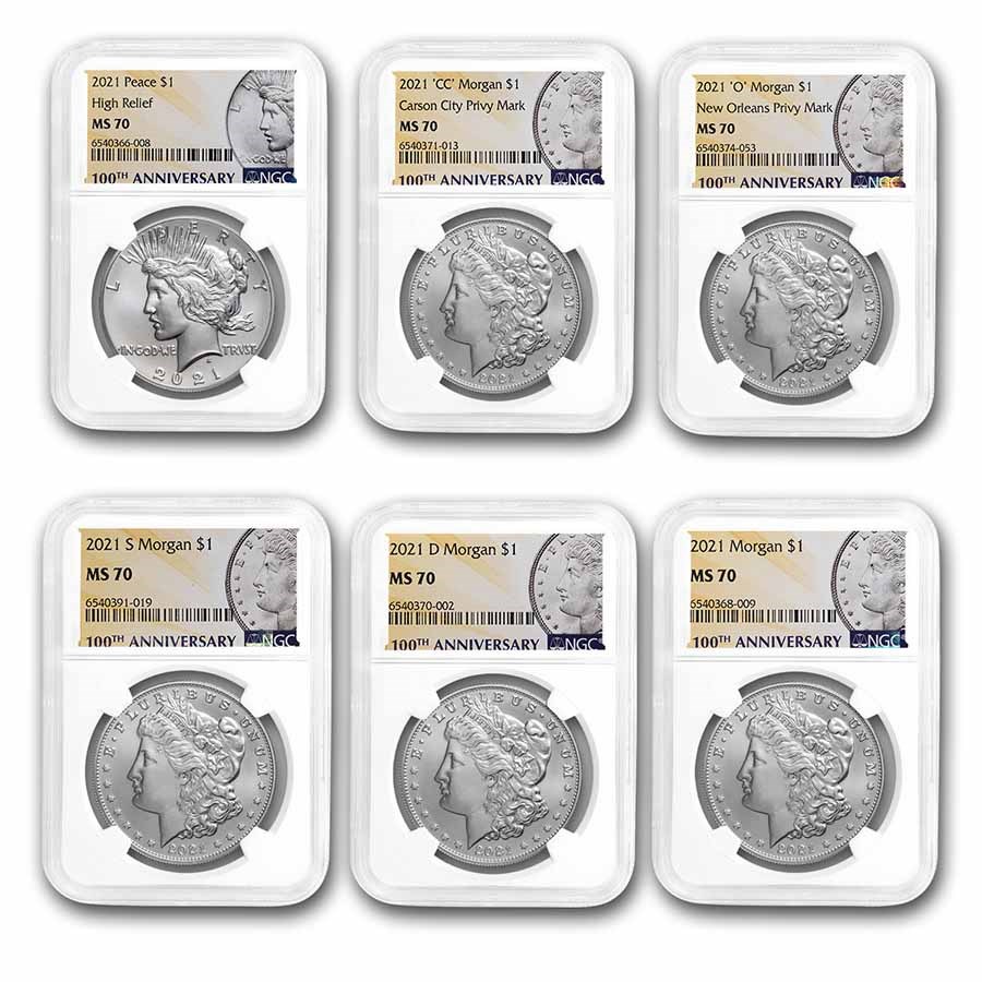 6-Coin 2021 Morgan/Peace Dollar Set MS-70 NGC