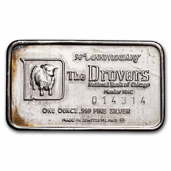 1 oz Silver Art Bar - Valcambi (Drovers National Bank of Chicago)