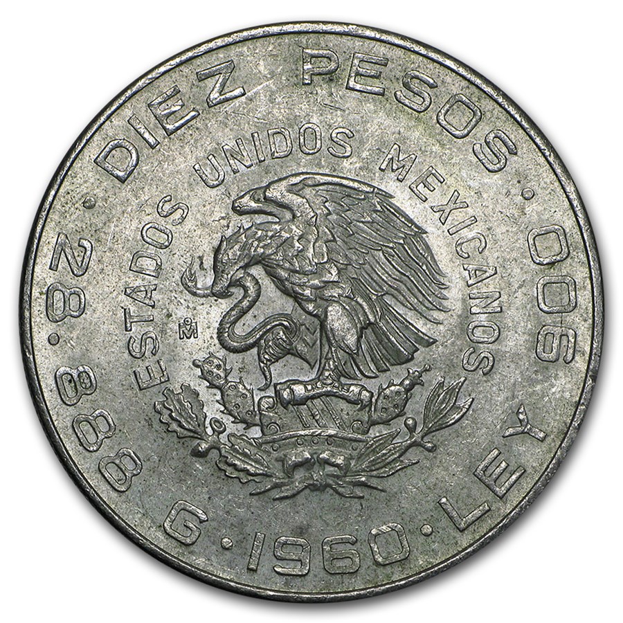 1960 Mexico Silver 10 Pesos 150th Anniversary Avg Circ