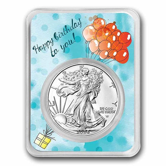 2026 1 oz Silver Eagle - w/Happy Birthday, Balloons Card, In TEP