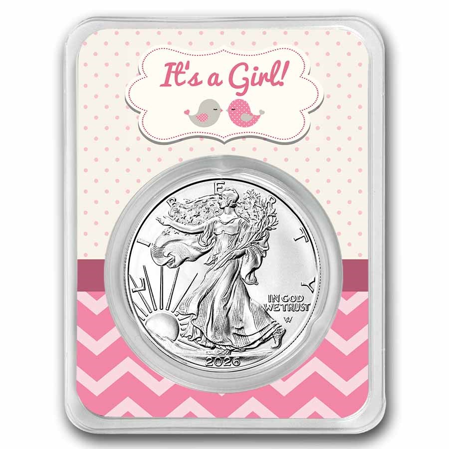 2026 1 oz Silver Eagle - w/"It's A Girl", Baby Birds Card, In TEP