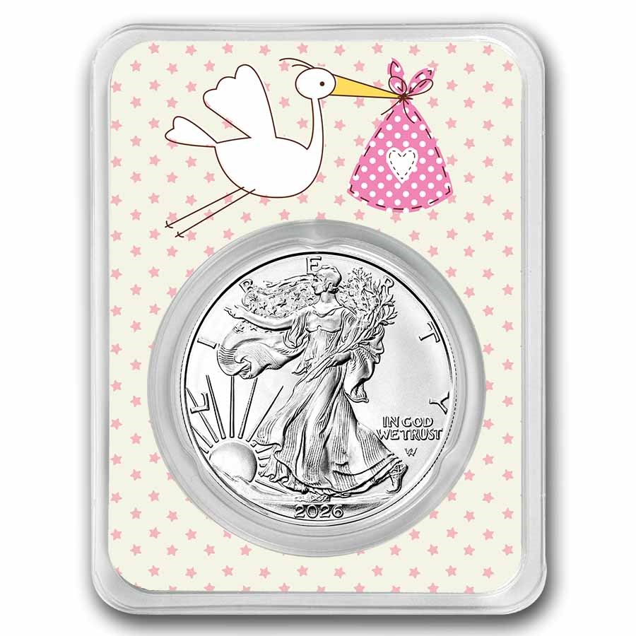 2026 1 oz Silver Eagle - w/"It's A Girl", Stork Card, In TEP