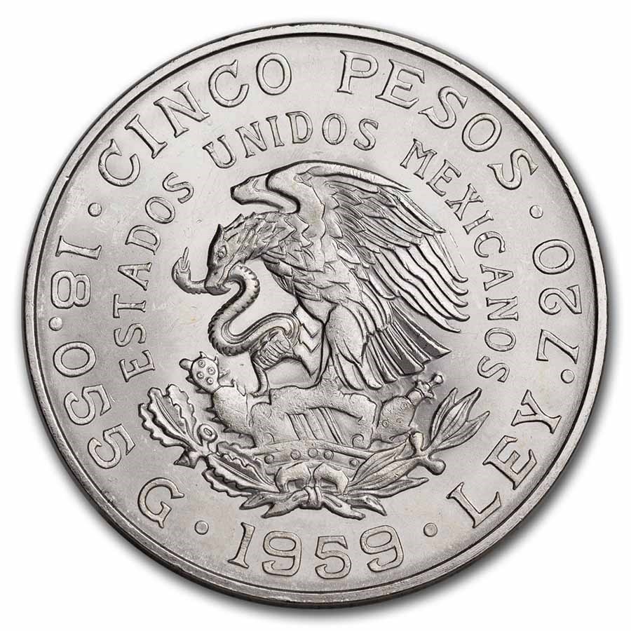 1959 Mexico Silver 5 Pesos Carranza BU