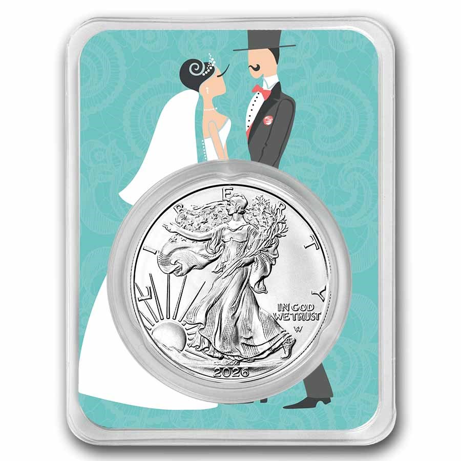 2026 1 oz Silver Eagle - w/Bride & Groom, Aqua Blue Card, In TEP 2026 1 oz Silver Eagle - w/Bride & Groom, Aqua Blue Card, In TEP