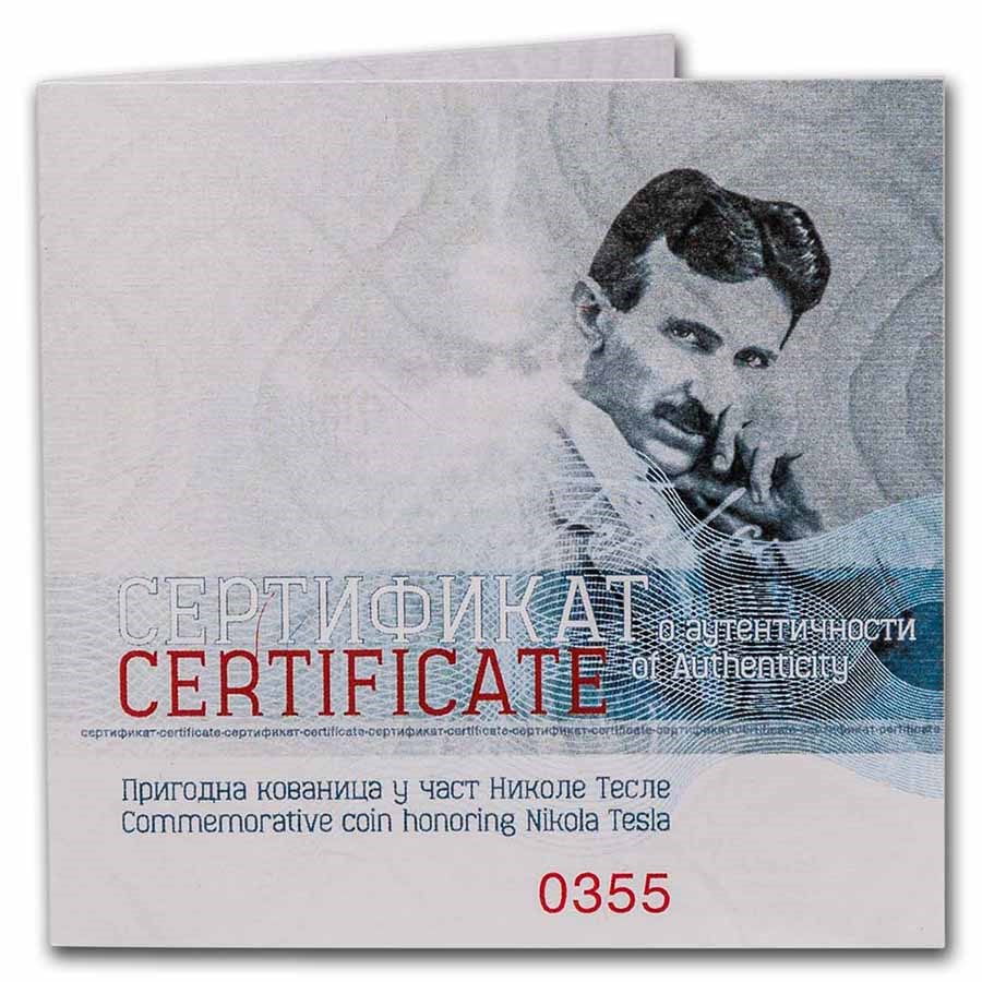 2023 Serbia 1 oz Proof Ag 100 Dinar Tesla: Secret of the Universe