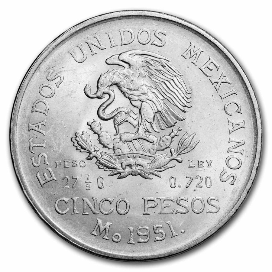 1951-1954 Mexico Silver 5 Pesos Hidalgo BU