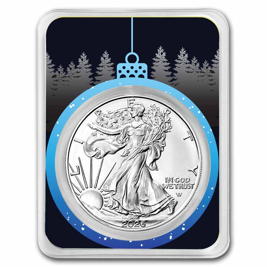 2026 1 oz American Silver Eagle - w/Blue Christmas Ornament Card