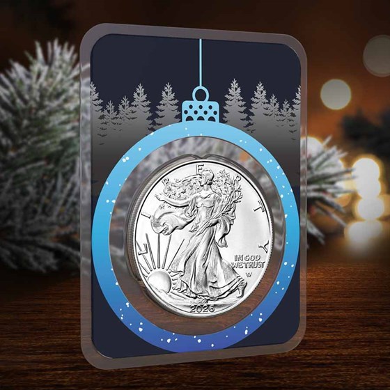 2026 1 oz American Silver Eagle - w/Blue Christmas Ornament Card