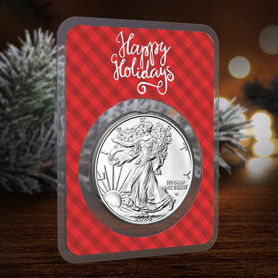 2026 1 oz American Silver Eagle - w/Plaid Happy Holidays Card