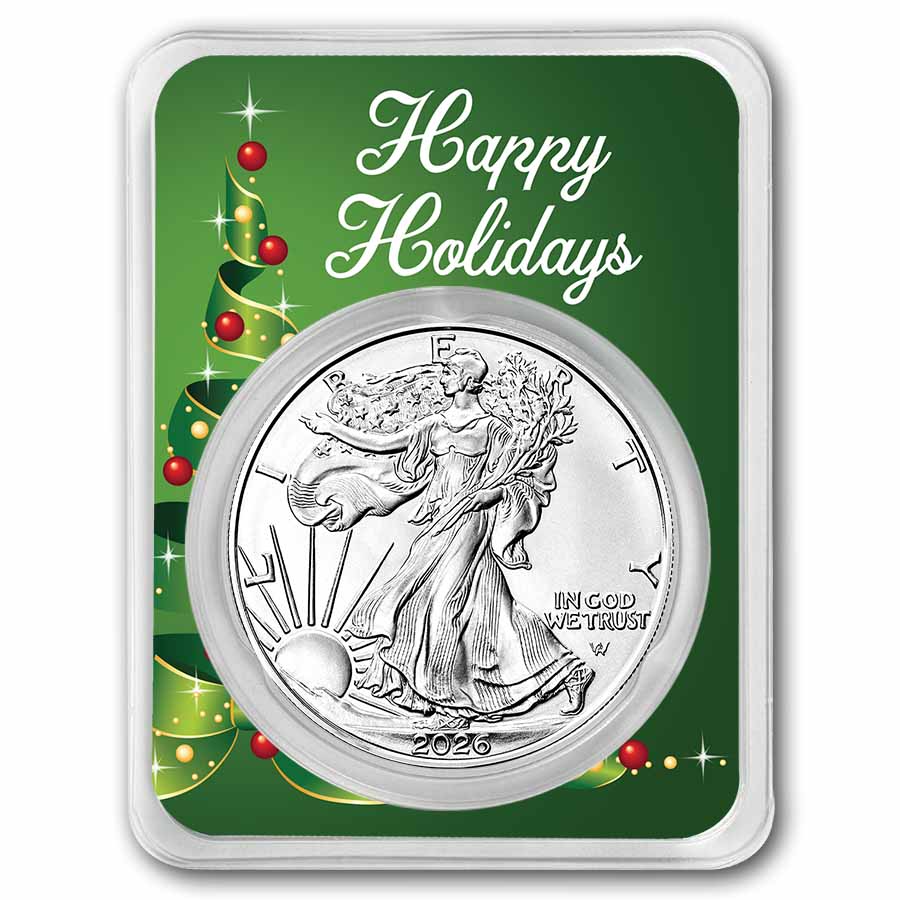 2026 1 oz American Silver Eagle - w/Holiday Ribbon Tree Card