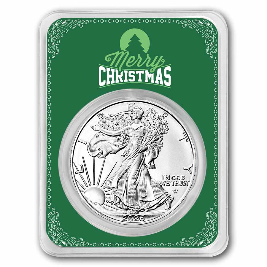 2026 1 oz American Silver Eagle - w/Green Merry Christmas Card