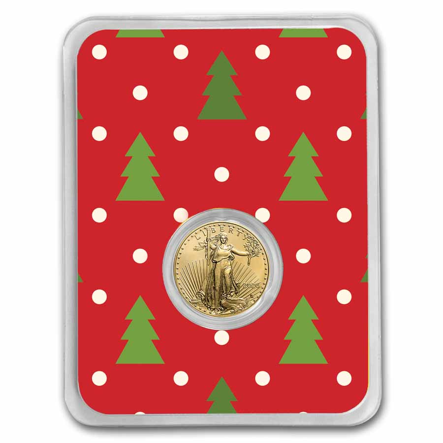 2026 1/10 oz American Gold Eagle - w/Red Christmas Trees Card