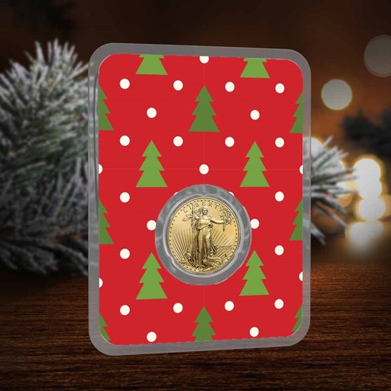 2026 1/10 oz American Gold Eagle - w/Red Christmas Trees Card