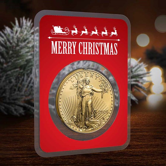 2026 1 oz American Gold Eagle - w/Red Merry Christmas Card