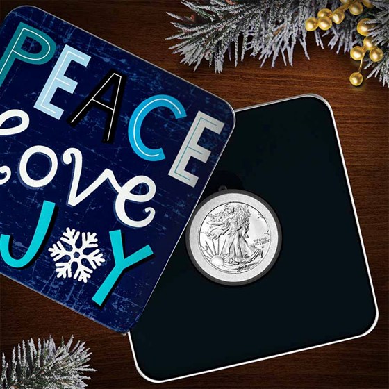 2026 1 oz American Silver Eagle - w/Holiday Tin, Peace Love &amp; Joy
