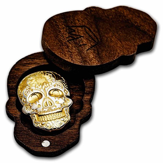 2 oz Hand Poured Silver Skull - Day of the Dead: Gold Sunflower